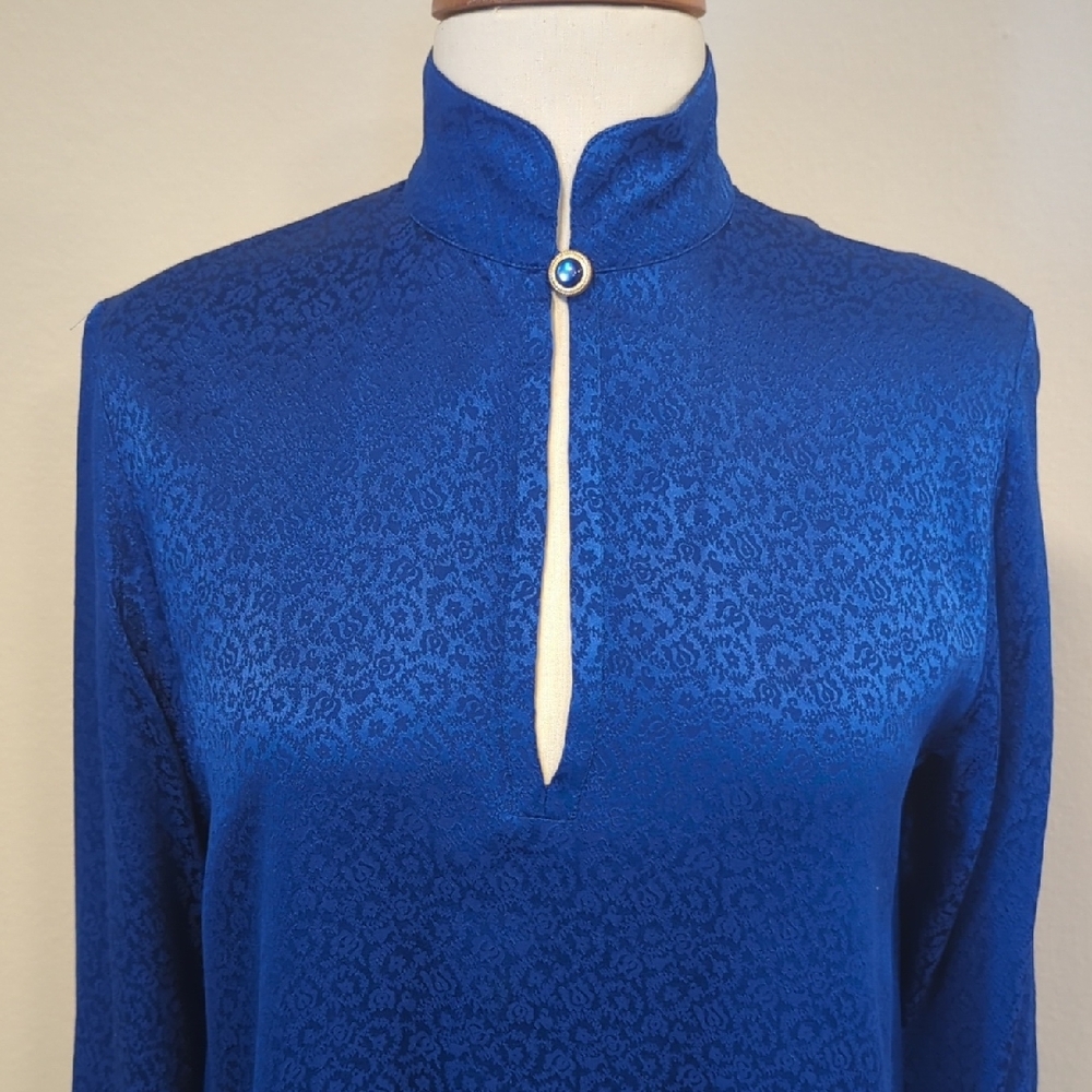 YSL Elegant Blue High-Neck Silk Tunic
